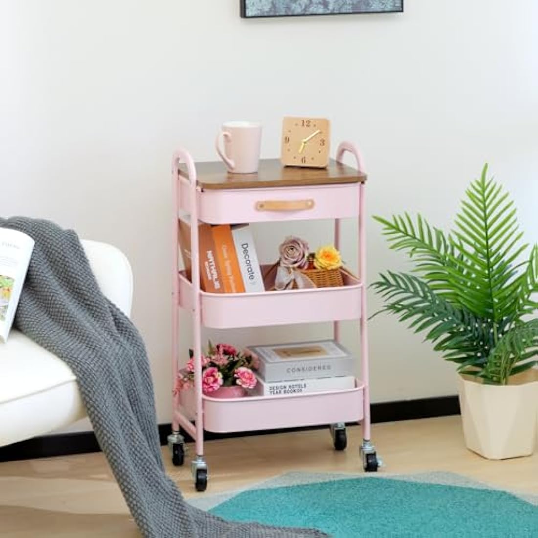 DOEWORKS 3-Tier Metal Rolling Storage Trolley with Drawer - Pink