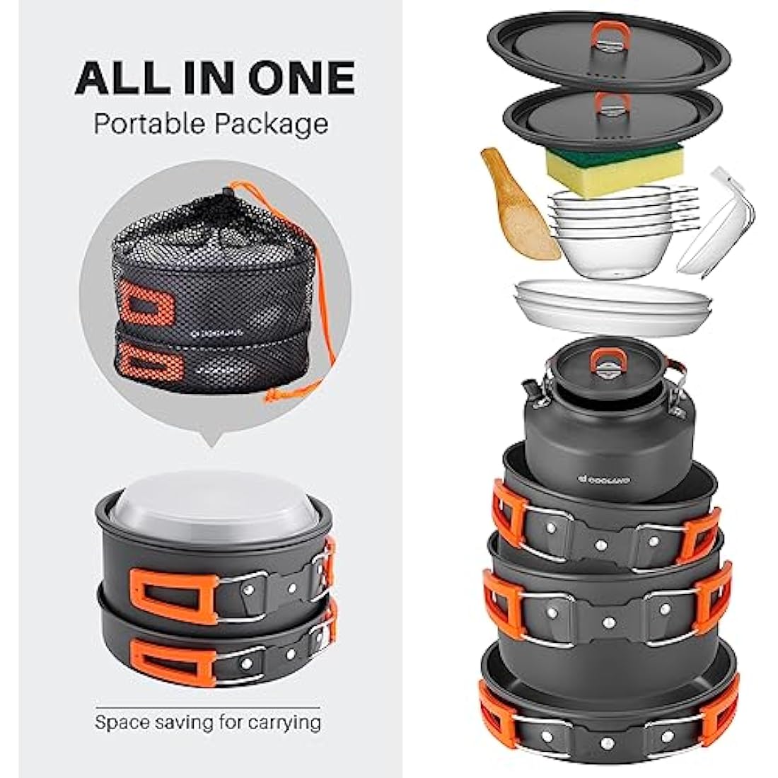 Odoland 16-Piece Non-Stick Camping Cookware Mess Kit for 4-6 People