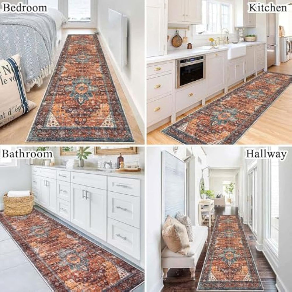 SHACOS Vintage Hallway Runner Rug – Non-Slip Washable Boho Red, 60x300cm