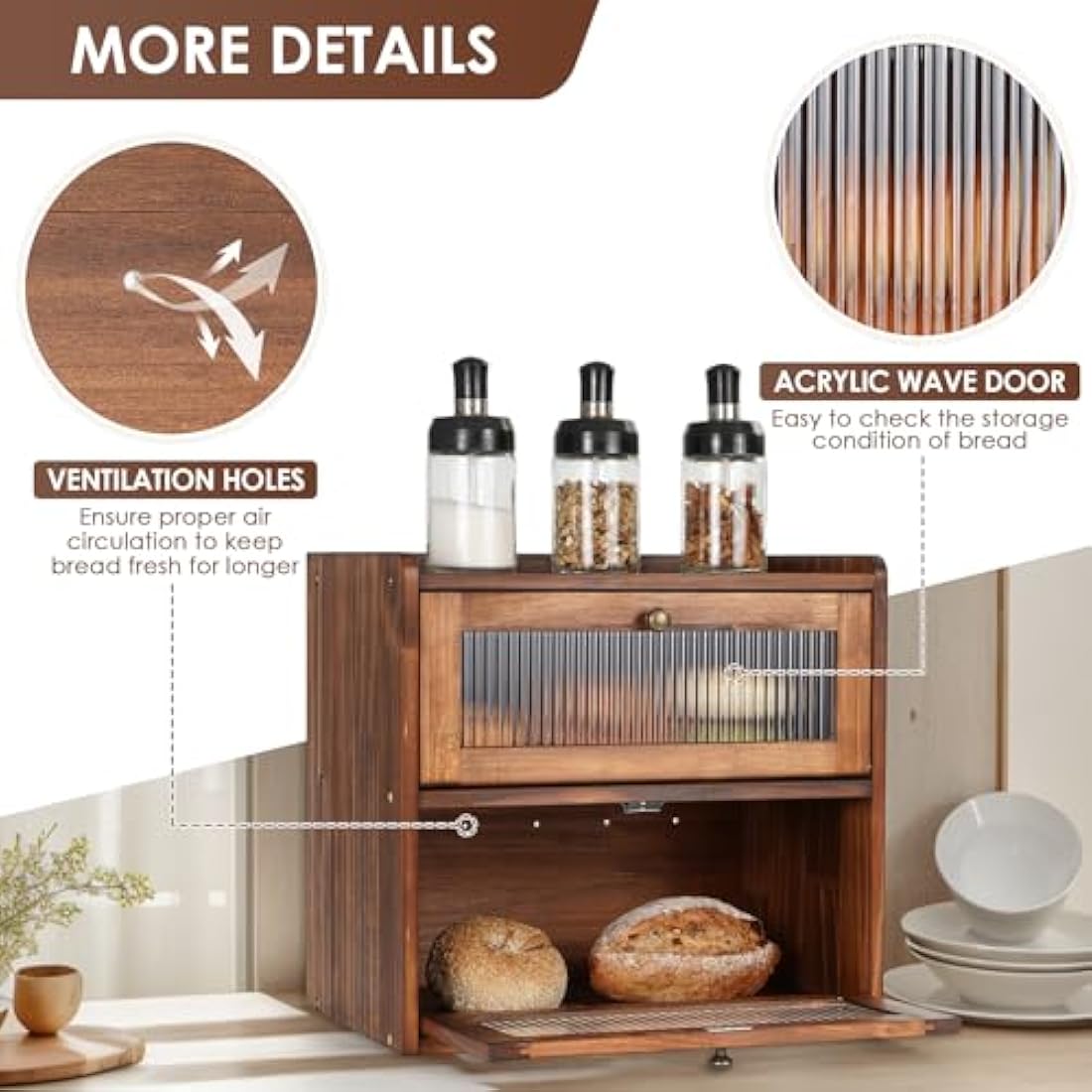 GUUSII HOME Wooden Bread Bin – 2-Tier Large Kitchen Countertop Storage Box