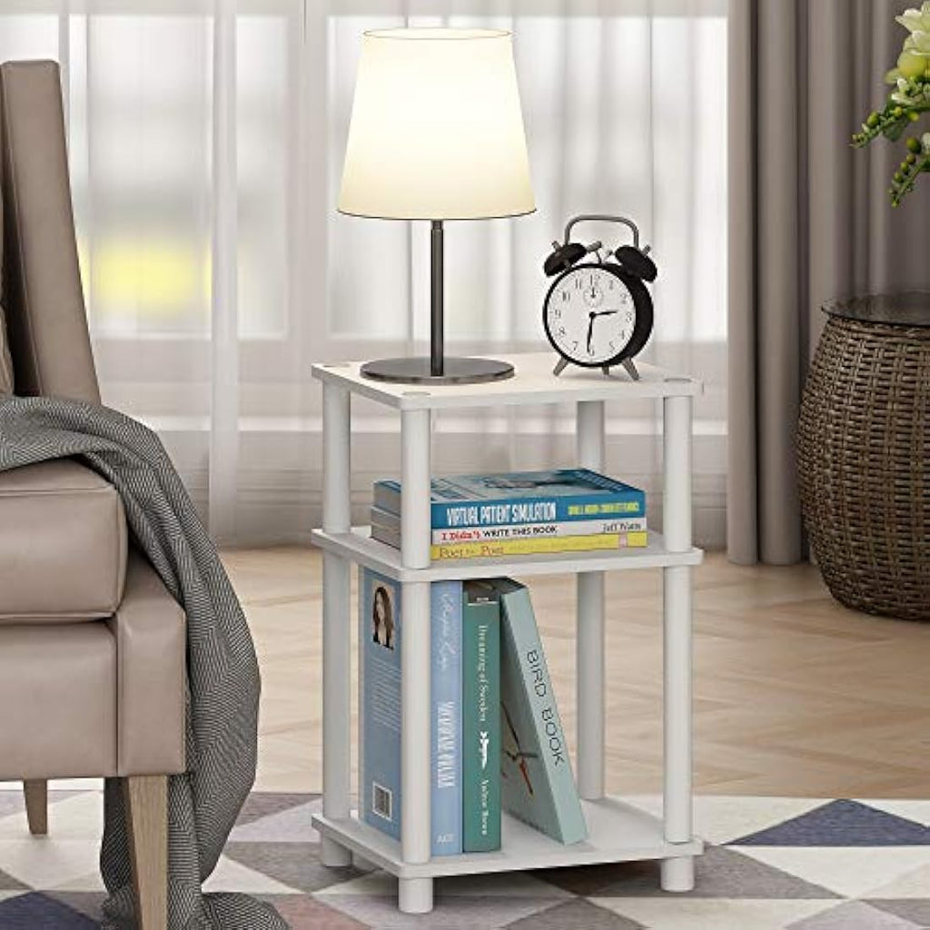 Furinno 3-Tier Turn-N-Tube End Table 2-Pack | White Wood & Plastic