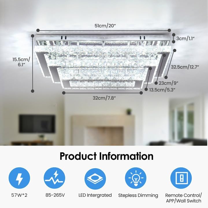 Finktonglan Modern Crystal LED Ceiling Light – Dimmable Flush Mount