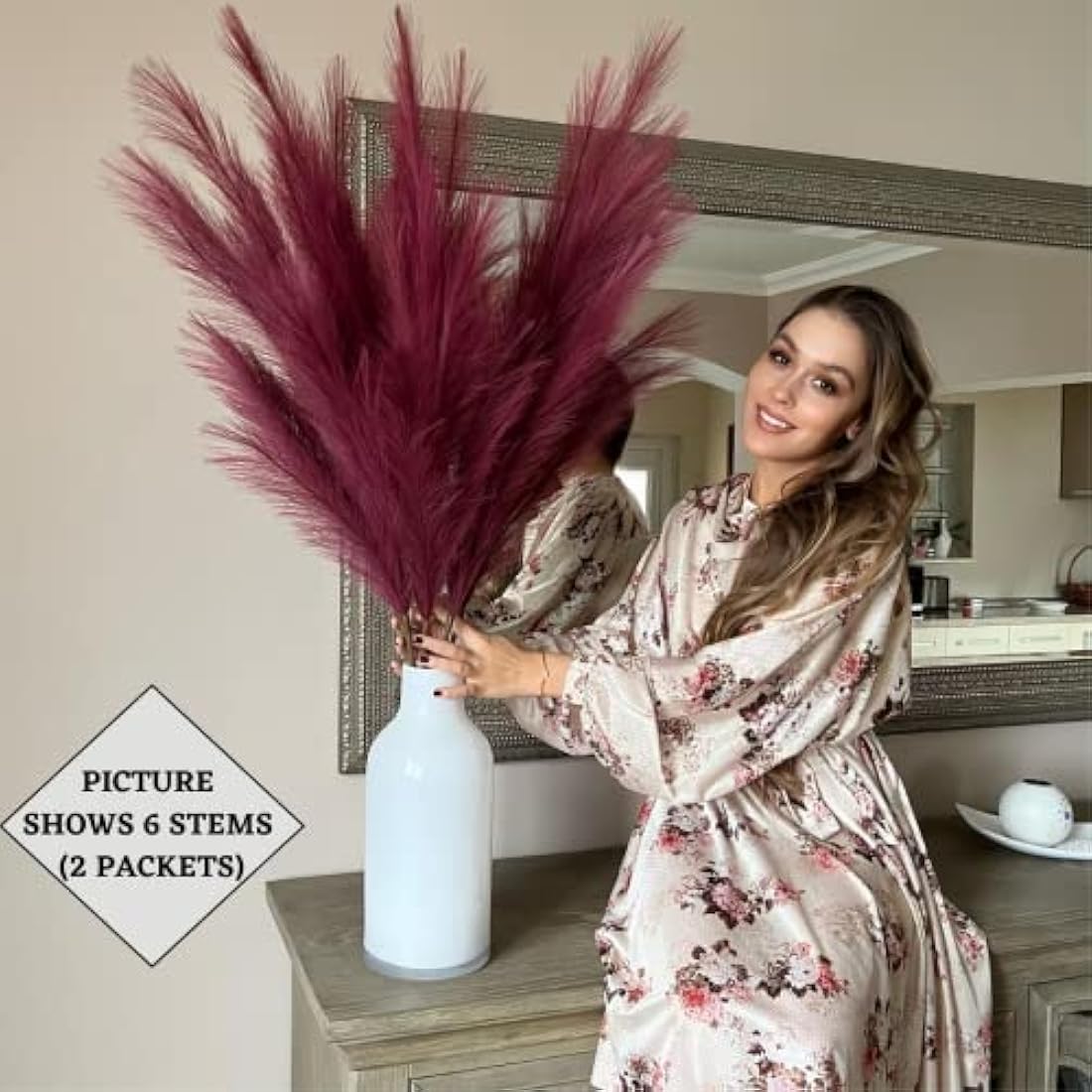 VOULUX Fuchsia Pink Artificial Pampas Grass – 115cm Tall Faux Silk Stems