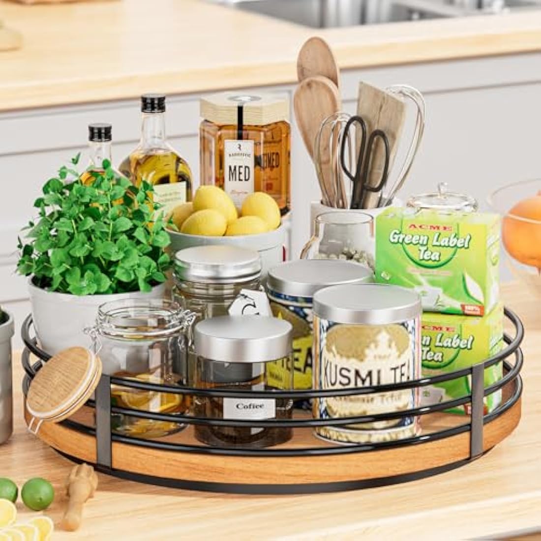 13" Oak Wood Lazy Susan Turntable Kitchen Organizer