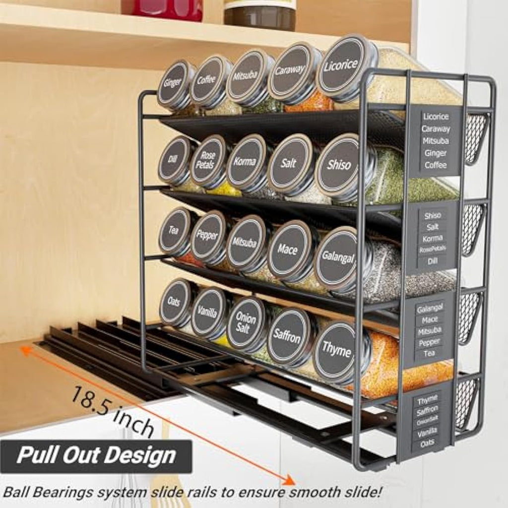 4-Tier Pull Out Spice Rack Organiser | Left Facing Carbon Steel