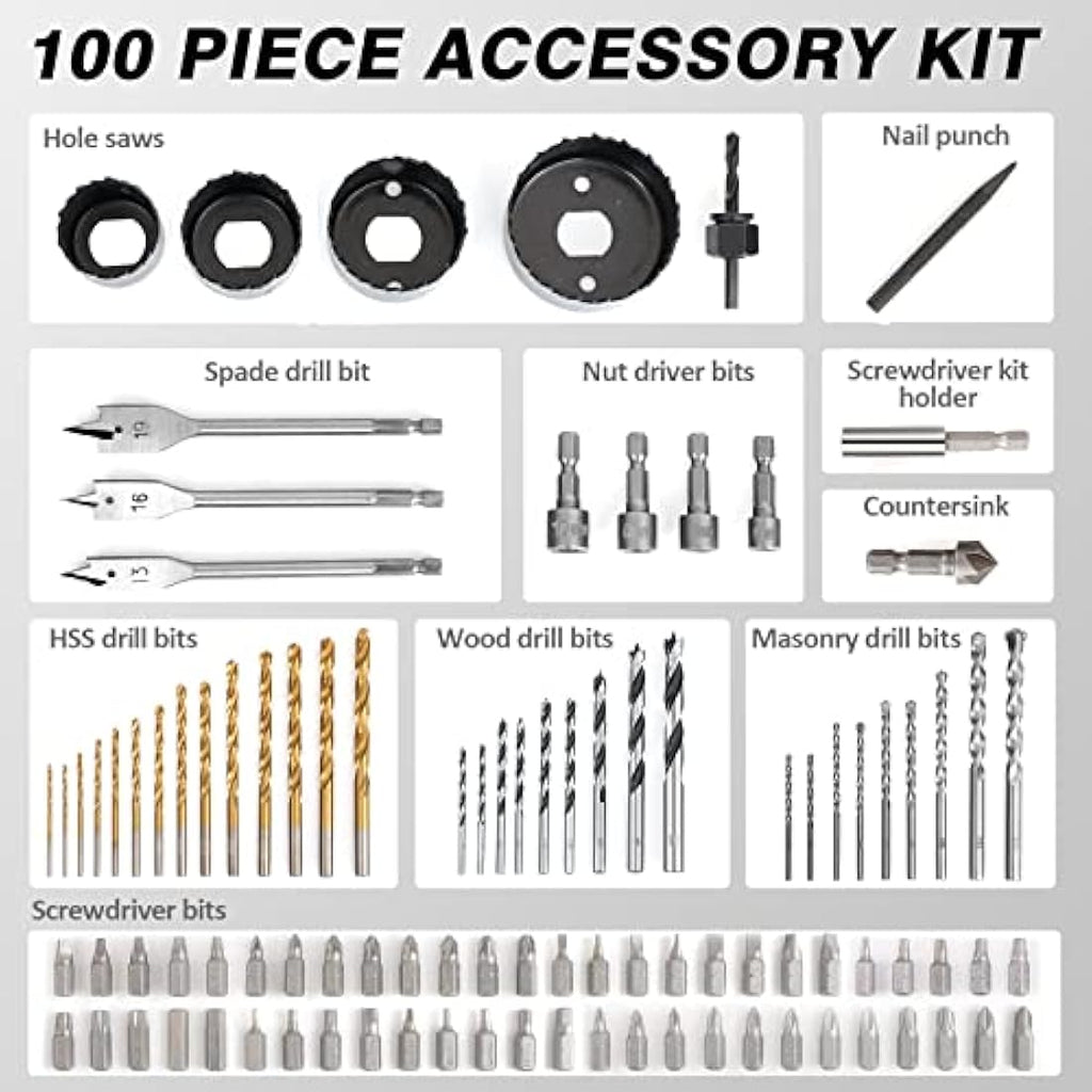 CHANTPOWER 100-Piece Drill Bit Set | Titanium HSS & Masonry Bits with Case