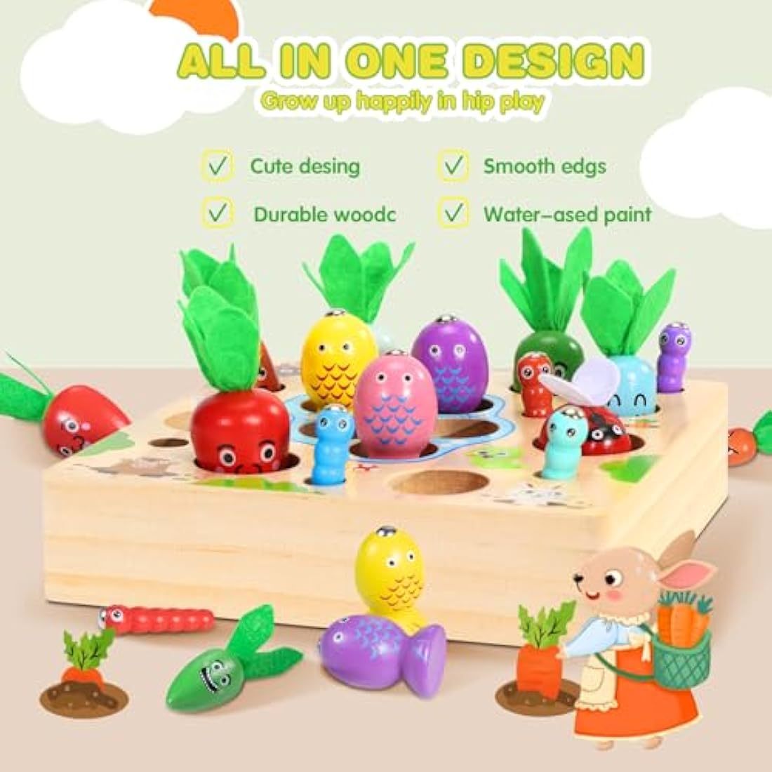 COOLJOY 4-in-1 Wooden Montessori Fishing Game and Carrot Harvest Toy