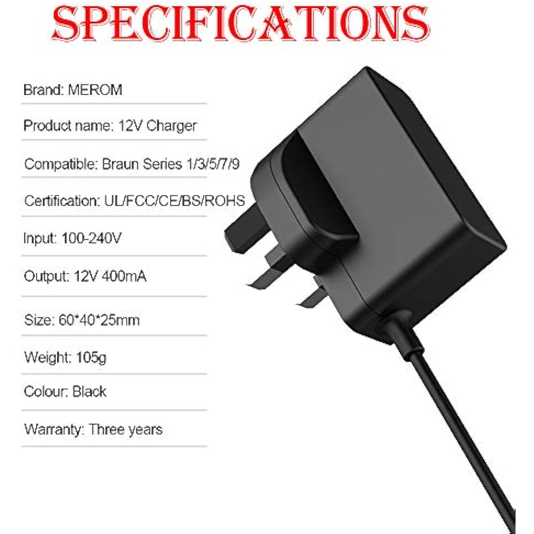 12V Shaver Charger for Braun Series 3 5 7 9 Razor Power Cord