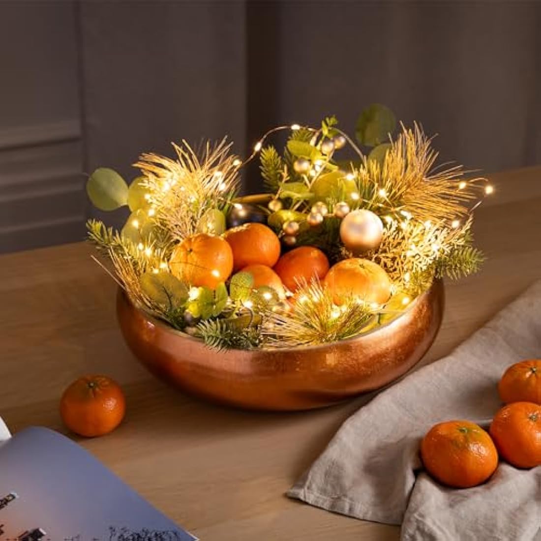 Dehaus Large Bamboo Fruit Bowl – 30cm Rose Gold Wooden Serving Bowl