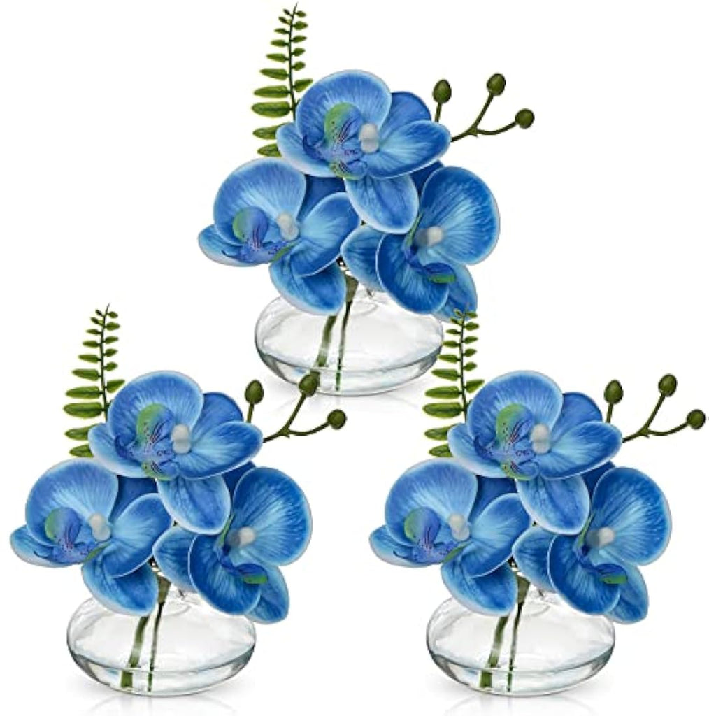 Briful Set of 3 Blue Artificial Orchids in Glass Vase – Real Touch Faux Flowers