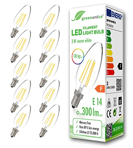 greenandco E14 LED Filament Candle Bulb | 2700K Warm White | 10-Pack