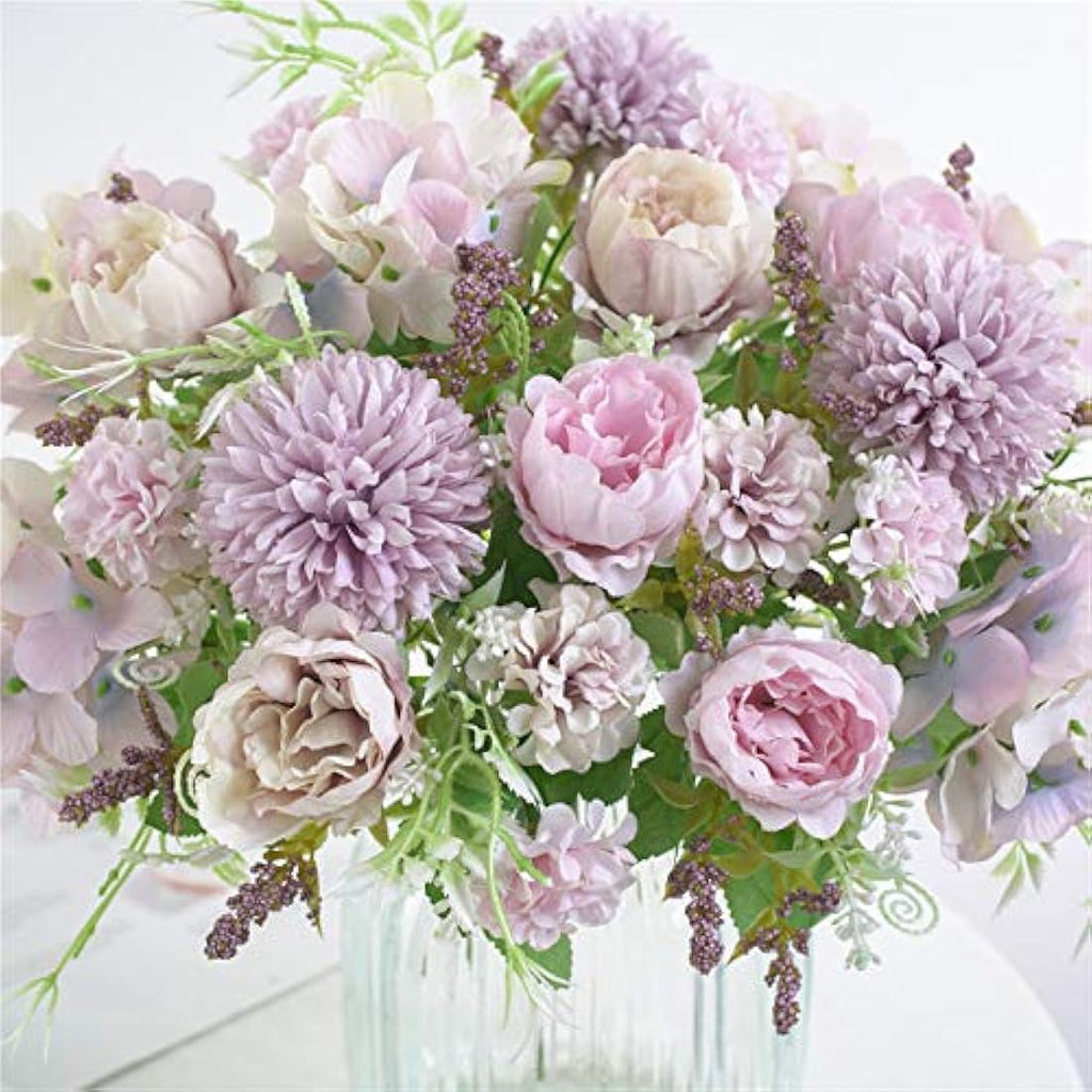 Silk Peony & Hydrangea Artificial Flowers - 2 Pcs Purple Bouquet