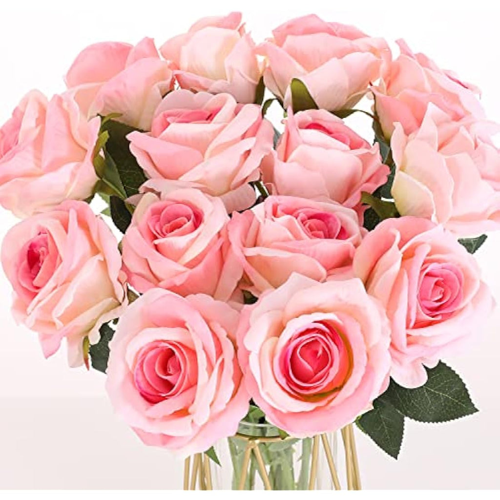 Cloudecor 15Pcs Pink Velvet Artificial Roses – 19.7" Long Stem Silk Flowers
