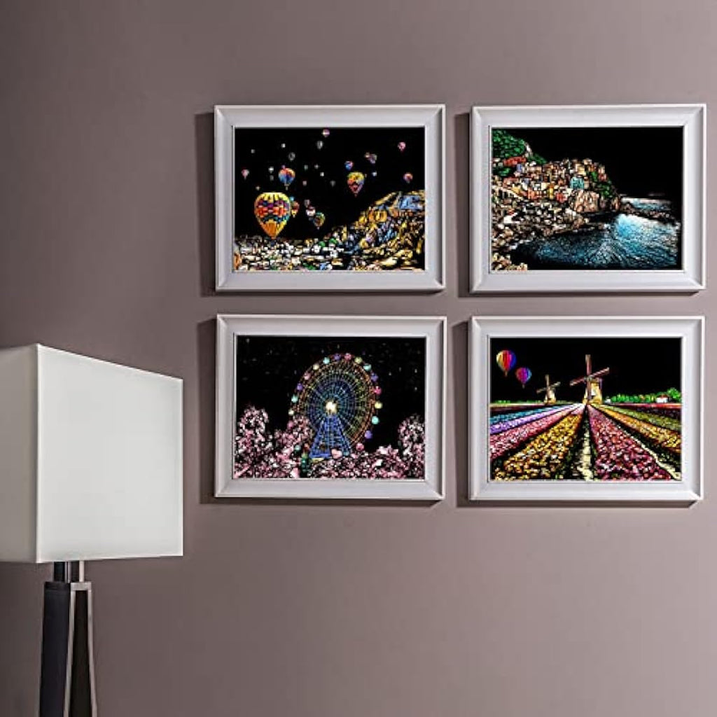 Heyu-Lotus 8pcs Rainbow Scratch Art Paper Kit – City Night Sketch Set