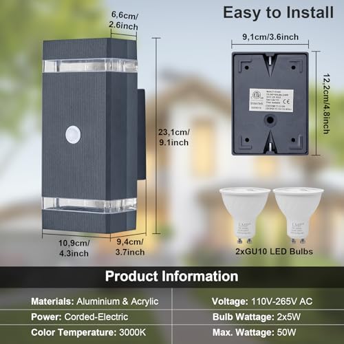 LMP Outdoor Motion Sensor Wall Light – IP65 Waterproof Grey GU10 Lamp