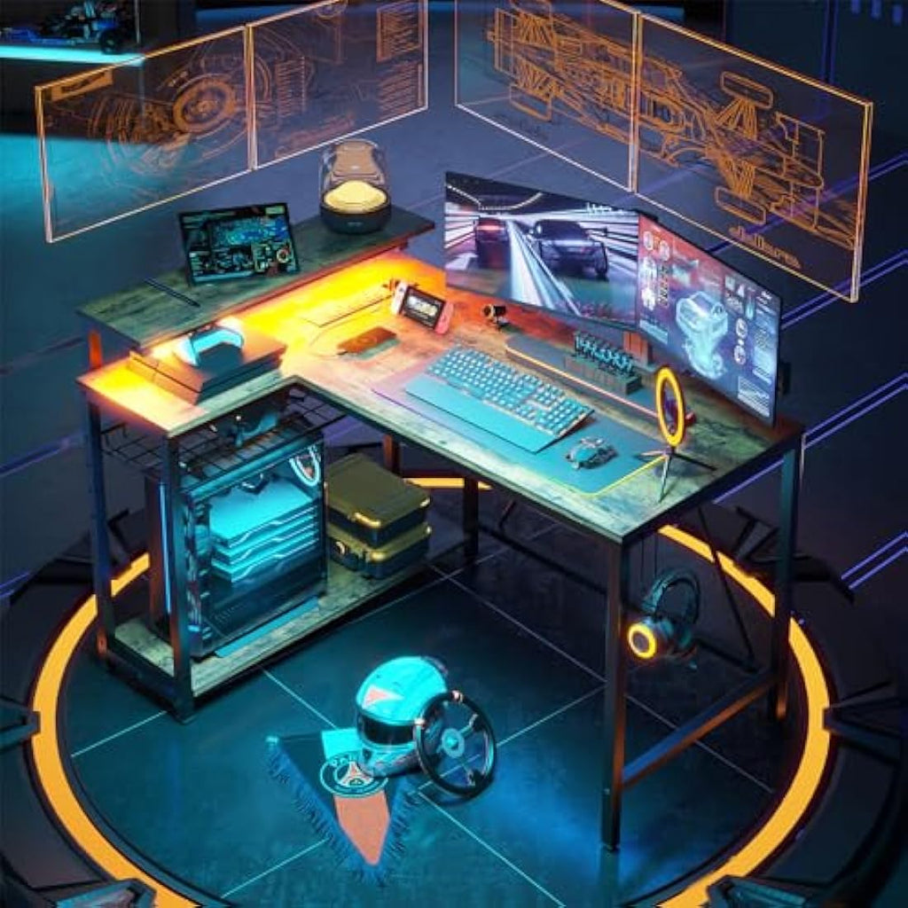 Bestier L-Shaped Gaming Desk with LED Lights and Power Outlets