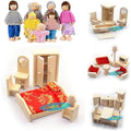 DecoBay Wooden Dollhouse Furniture Set with 7 Family Dolls – 4 Rooms