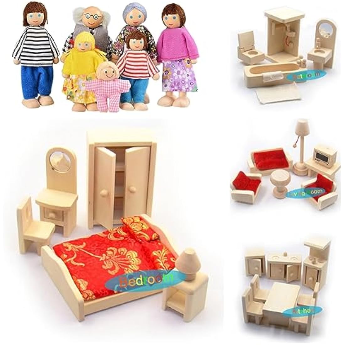 DecoBay Wooden Dollhouse Furniture Set with 7 Family Dolls – 4 Rooms
