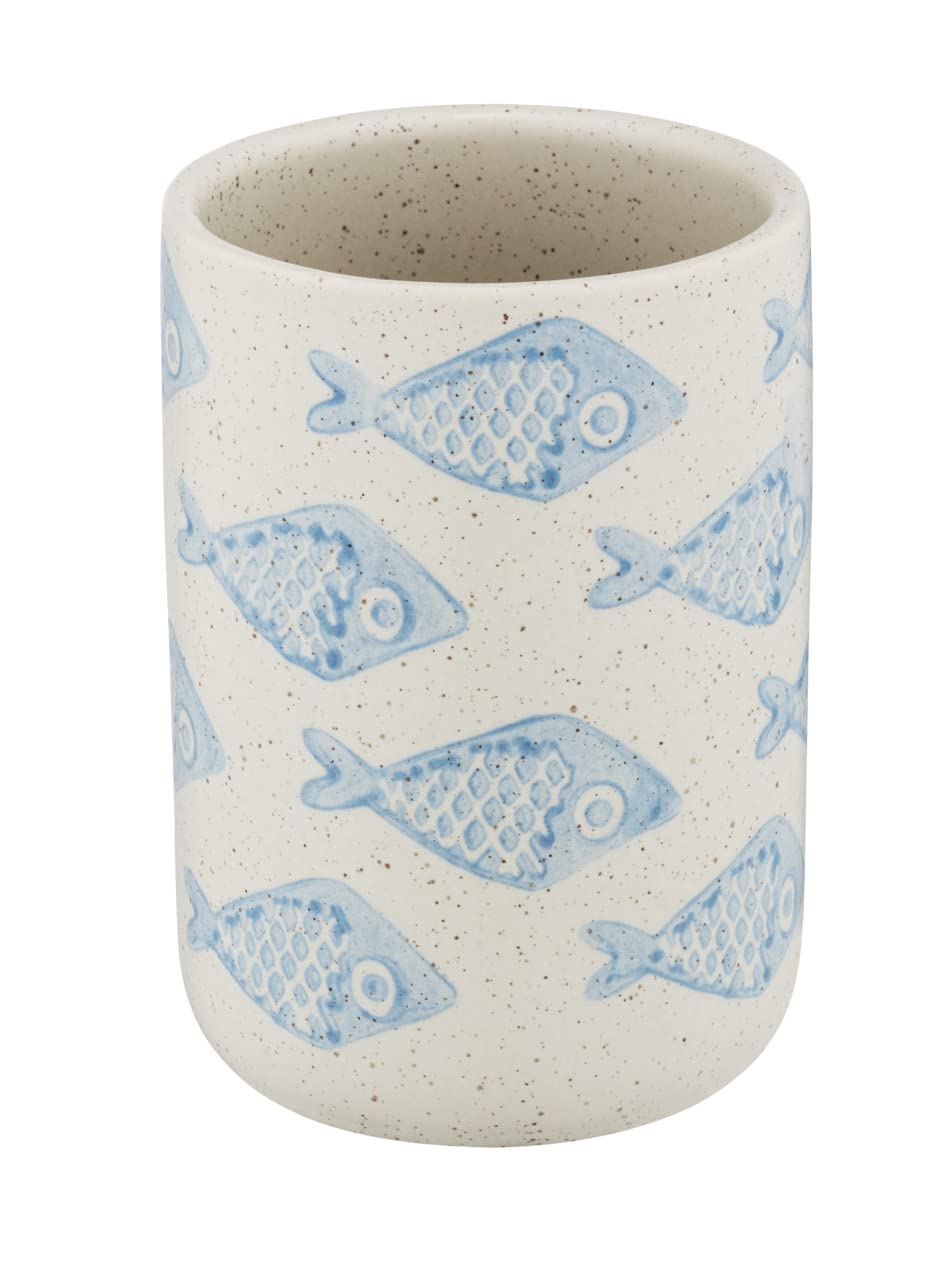 WENKO Aquamarine Ceramic Toothbrush Cup | Matte White Maritime Design