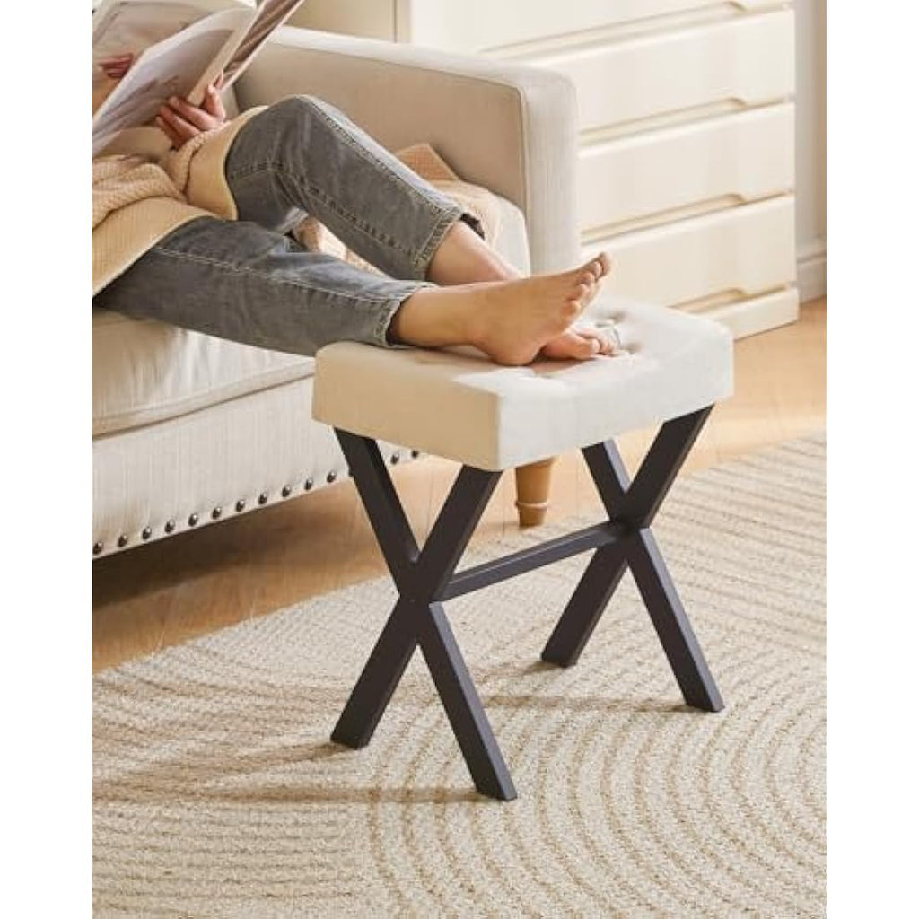IBUYKE U-Shaped Linen Vanity Stool | Square Makeup Ottoman with X-Leg