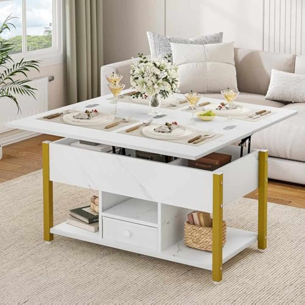 Lift Top Coffee Table - 4-in-1 Convertible Storage Desk, White