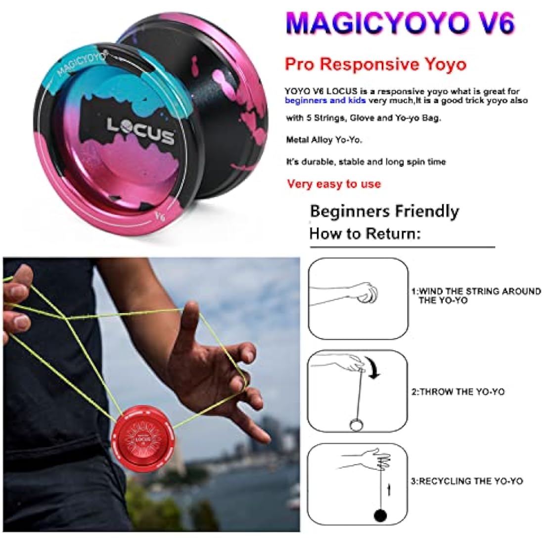 MAGICYOYO V6 Locus Responsive Metal Yoyo Kit - Blue, Pink & Black