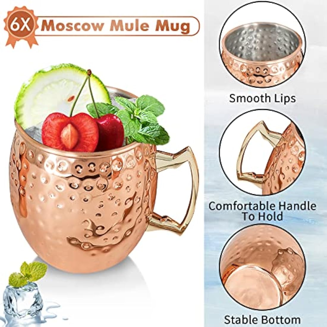 Moscow Mule Copper Mugs - Set of 6 Hammered 18oz Cups
