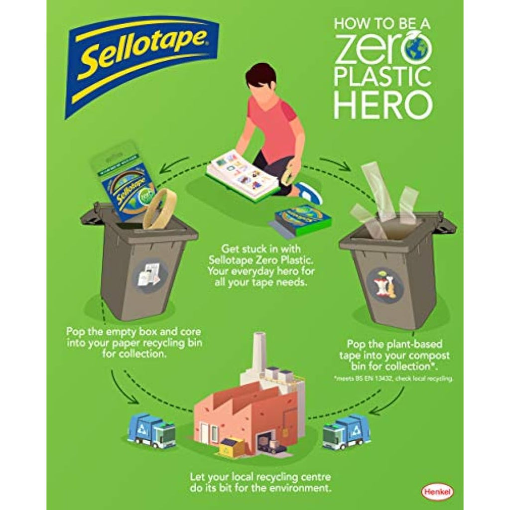 Sellotape Zero Plastic Clear Tape | Plant-Based & Compostable | 3 Pack