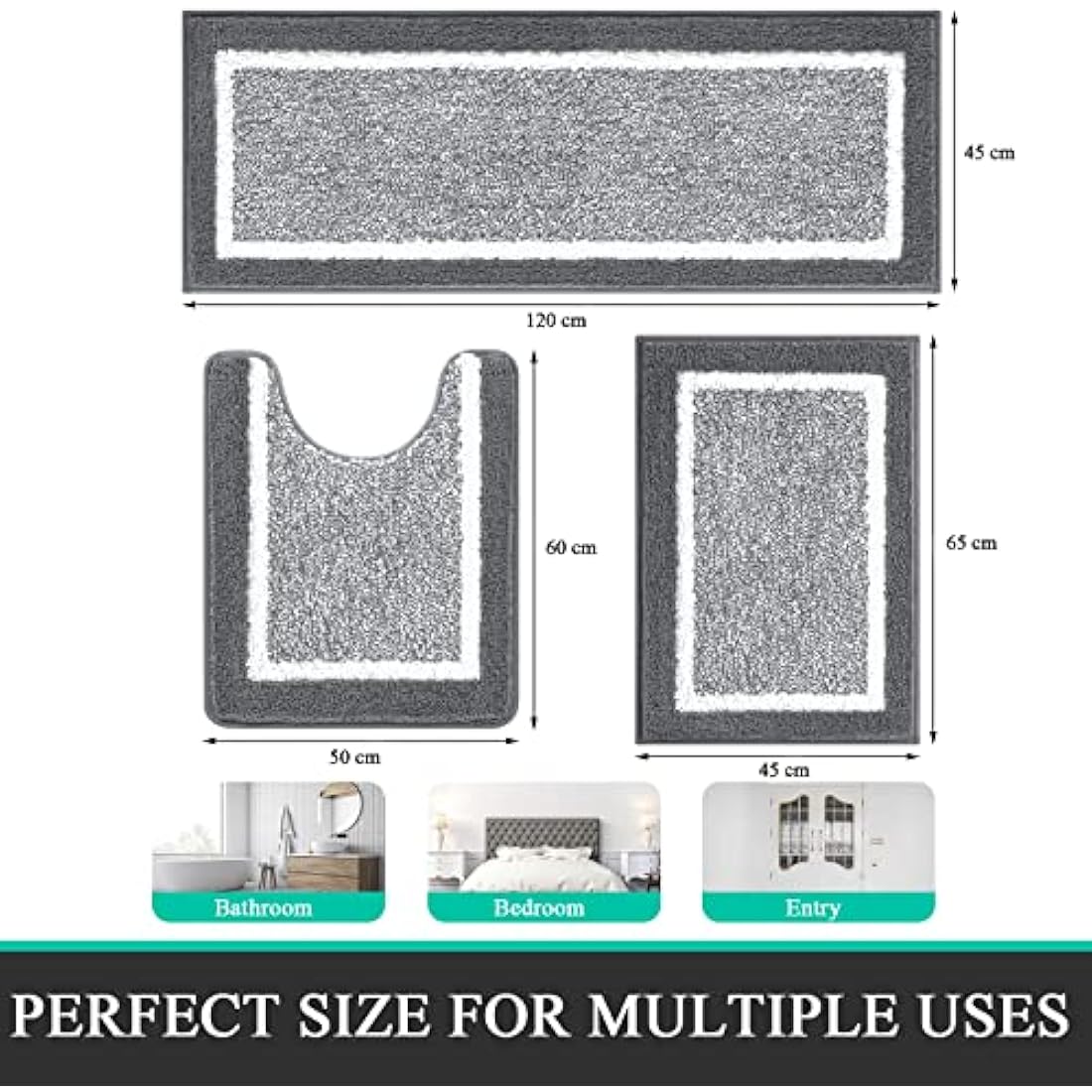 Pauwer 3-Piece Microfiber Bathroom Mat Set – Non-Slip & Absorbent, Dark Grey