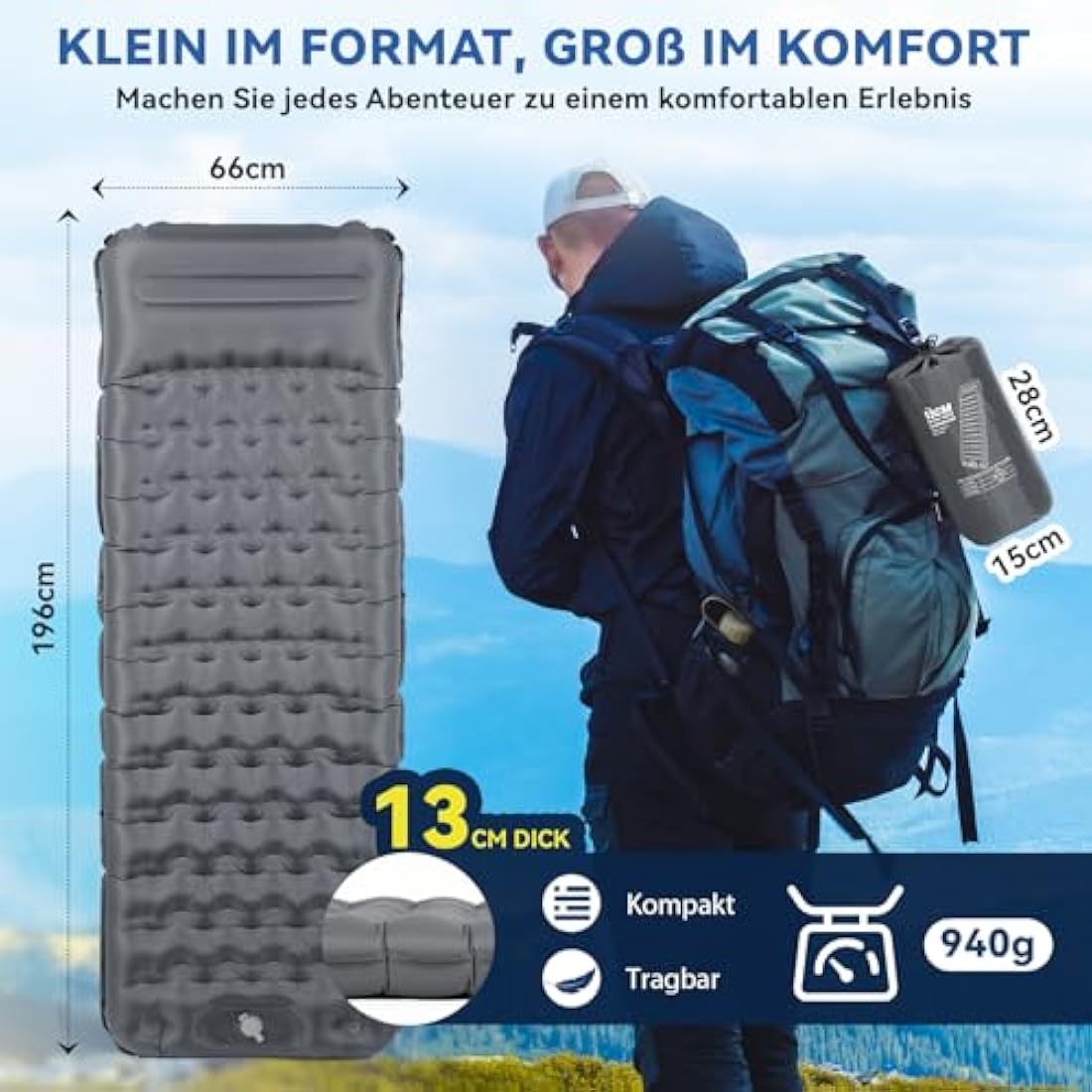 Hikenture Self-Inflating Sleeping Mat – 13cm Thick Ultralight Mattress