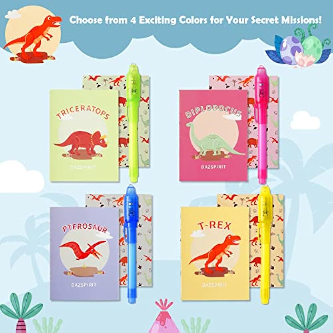 DazSpirit 16-Pack Invisible Ink Spy Pens & Dinosaur Notebooks Party Favors