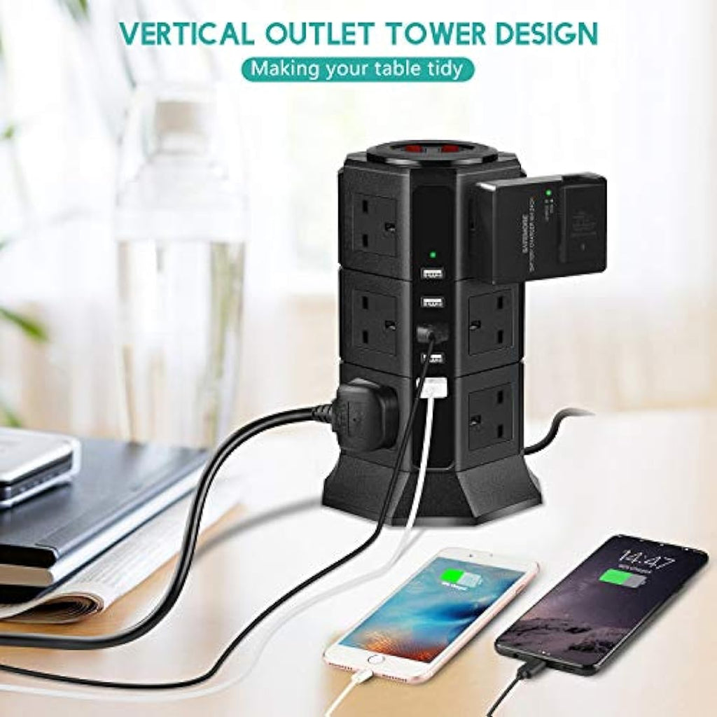 PRITEK 12-Way Vertical Extension Lead | 1000J Surge Protector with 5 USB
