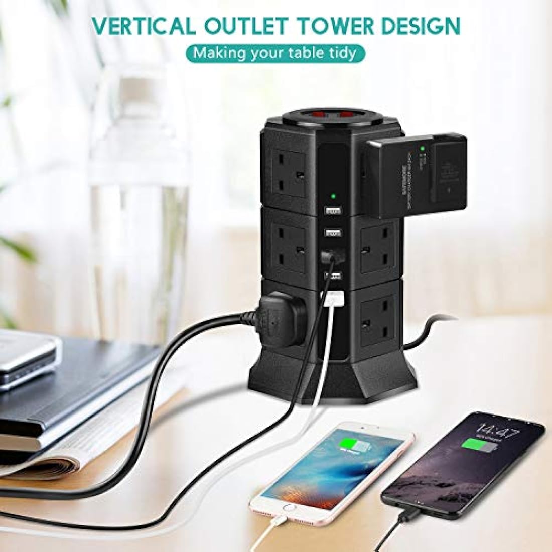 PRITEK 12-Way Vertical Extension Lead | 1000J Surge Protector with 5 USB