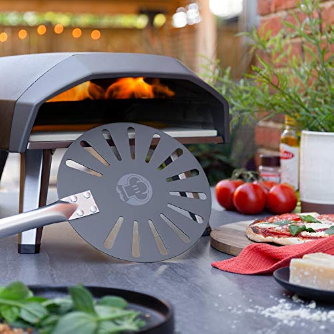 Chef Pomodoro 9-Inch Perforated Pizza Turning Peel with 47" Wooden Handle