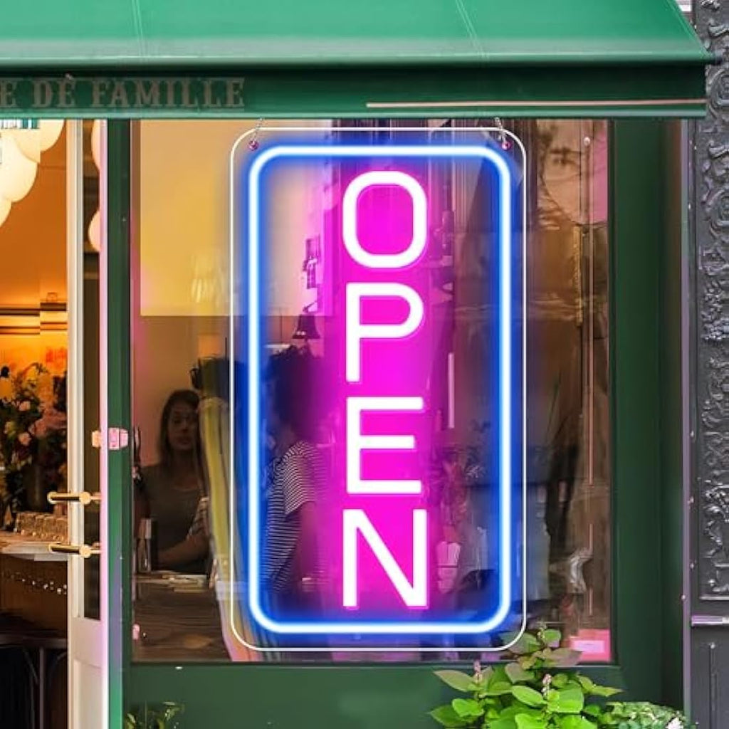LightingWill LED Neon Open Sign | 23x12 Vertical Blue & Pink Business Sign