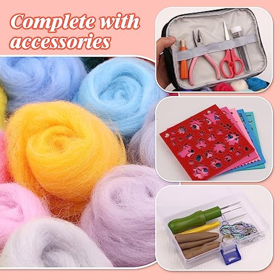Axmru 60 Colors Needle Felting Kit – 215 Pcs Wool Roving Starter Set