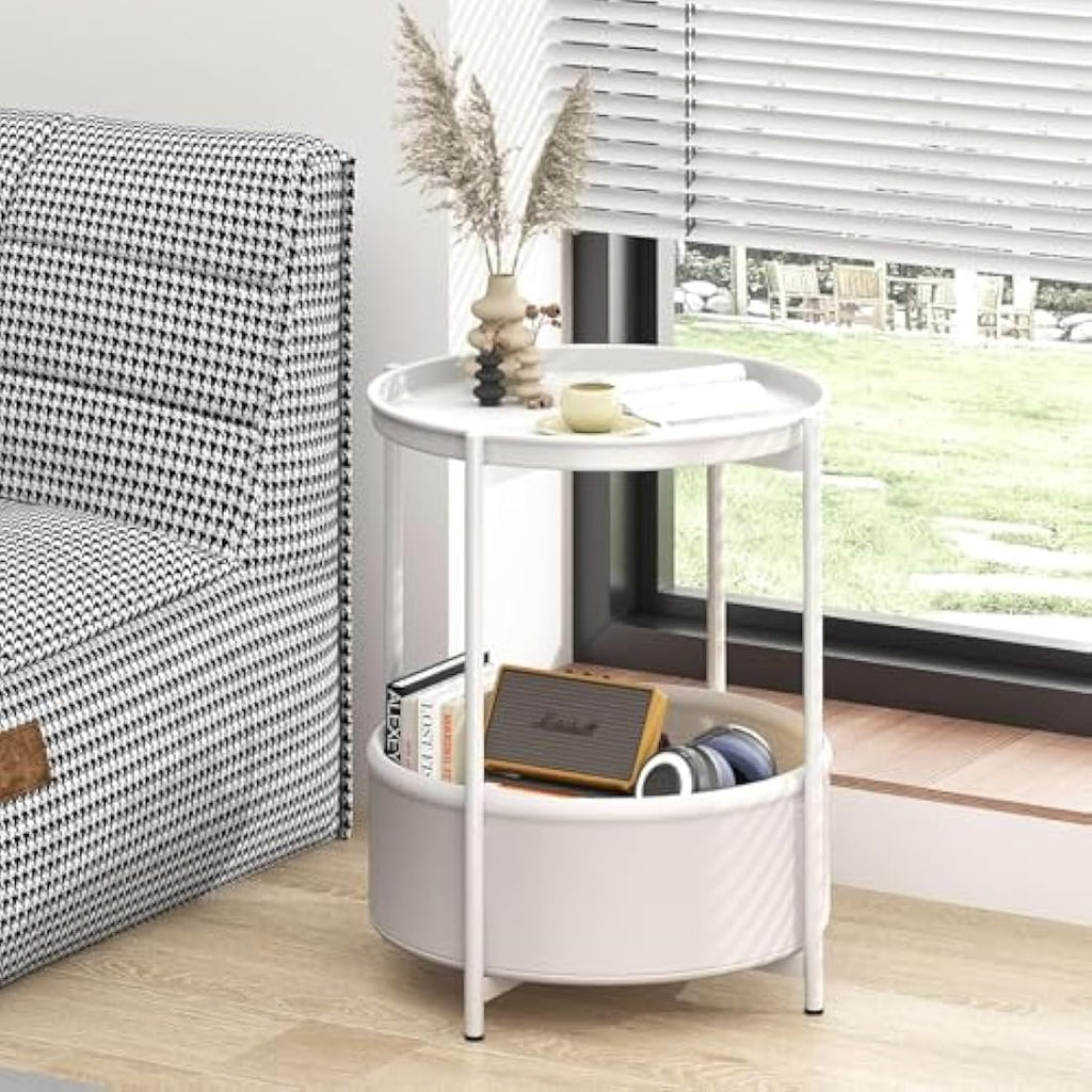 Round End Table with Storage Basket and Removable Tray – White