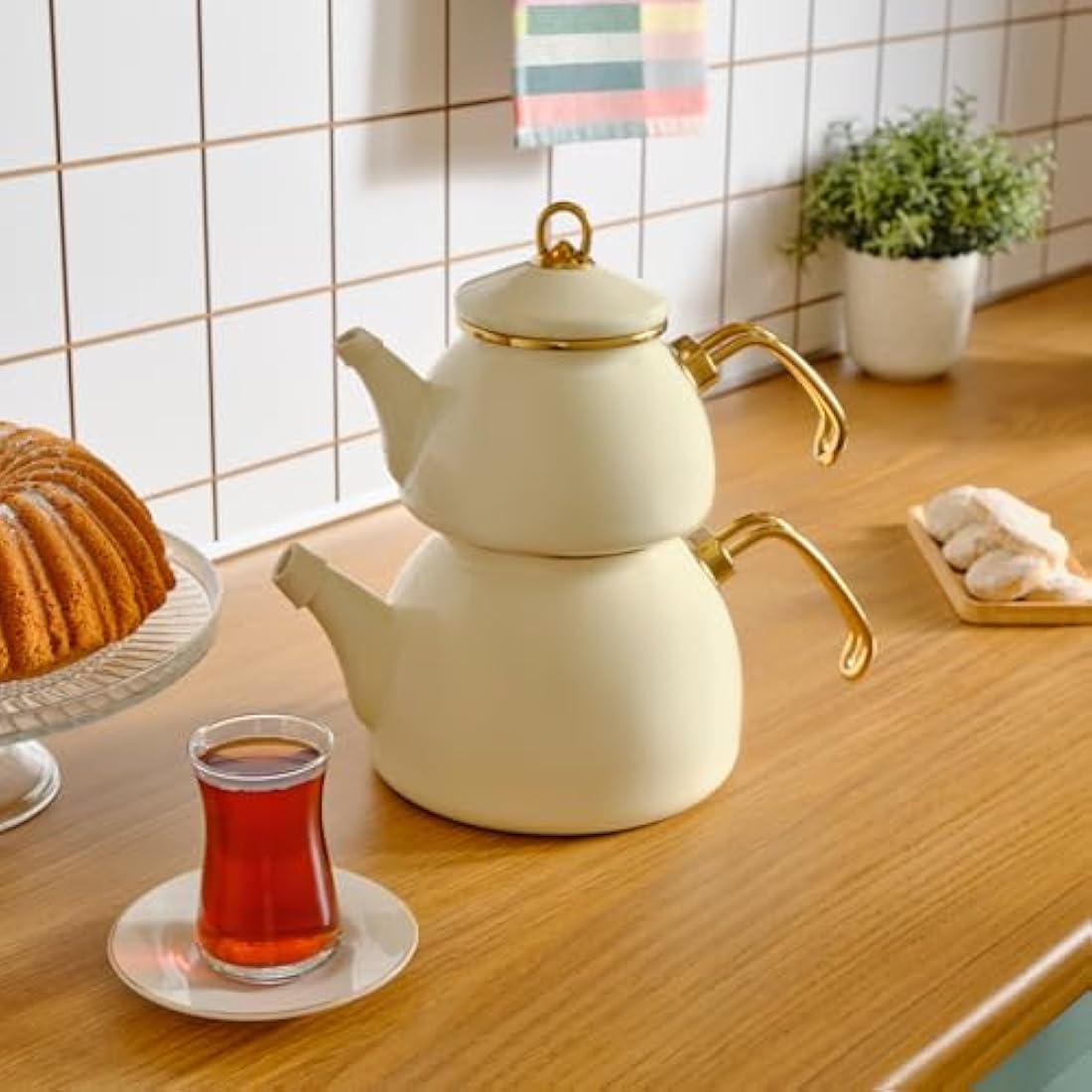 Karaca Retro Enamel Turkish Teapot Set | Induction Safe Kettle, Cream