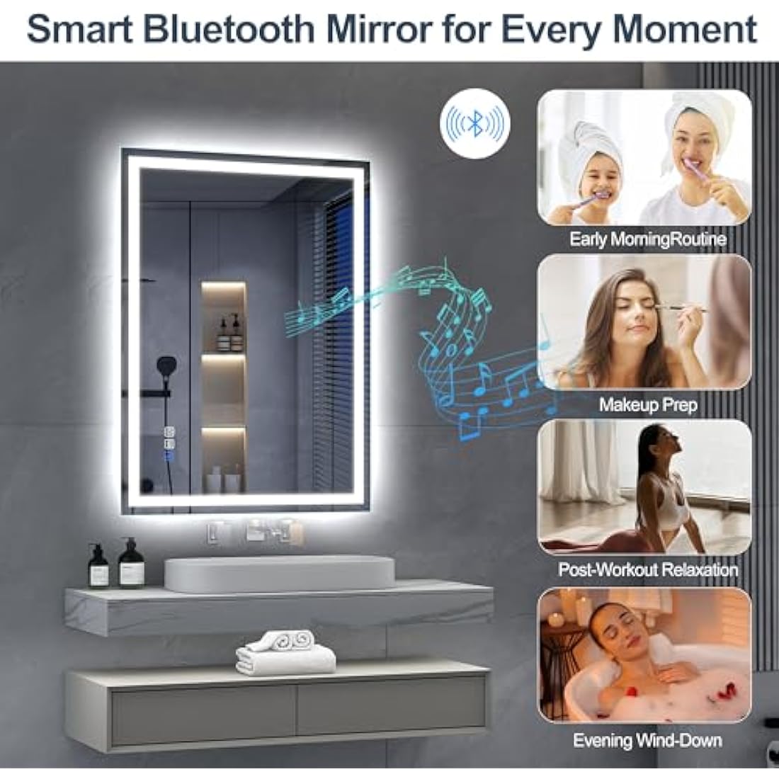 S'bagno Bluetooth LED Bathroom Mirror | 800x600mm Dimmable Smart Mirror
