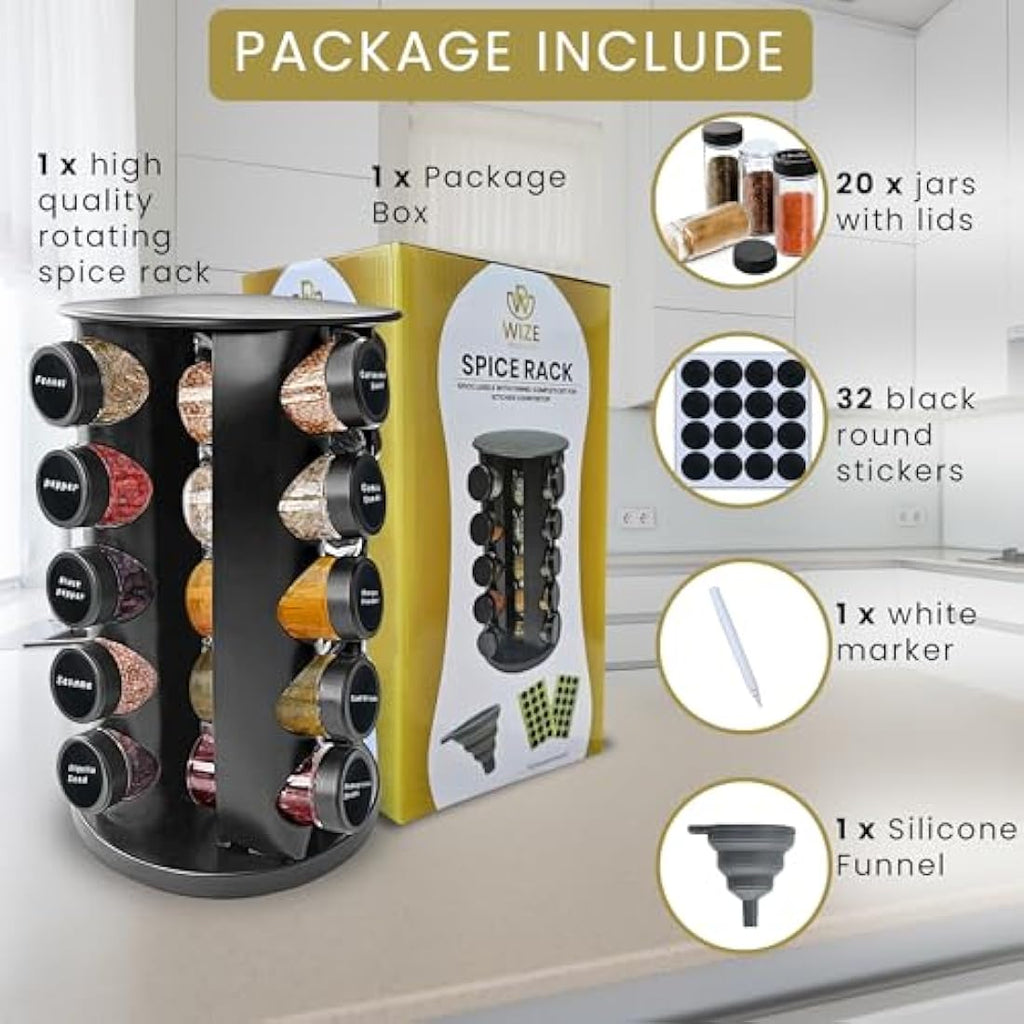 Rotating Spice Rack – 20 Glass Jars Stainless Steel Organizer