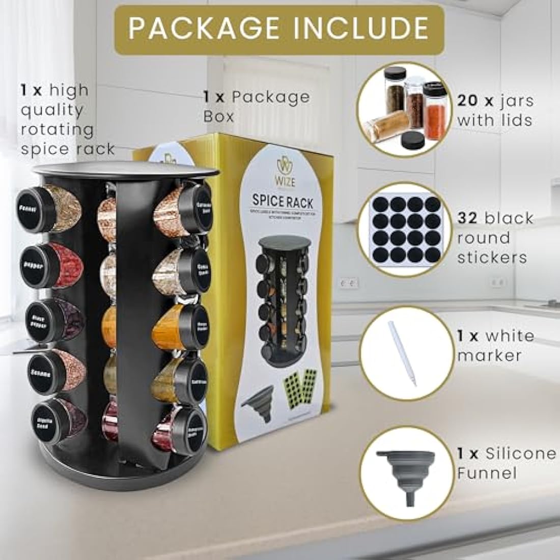 Rotating Spice Rack – 20 Glass Jars Stainless Steel Organizer