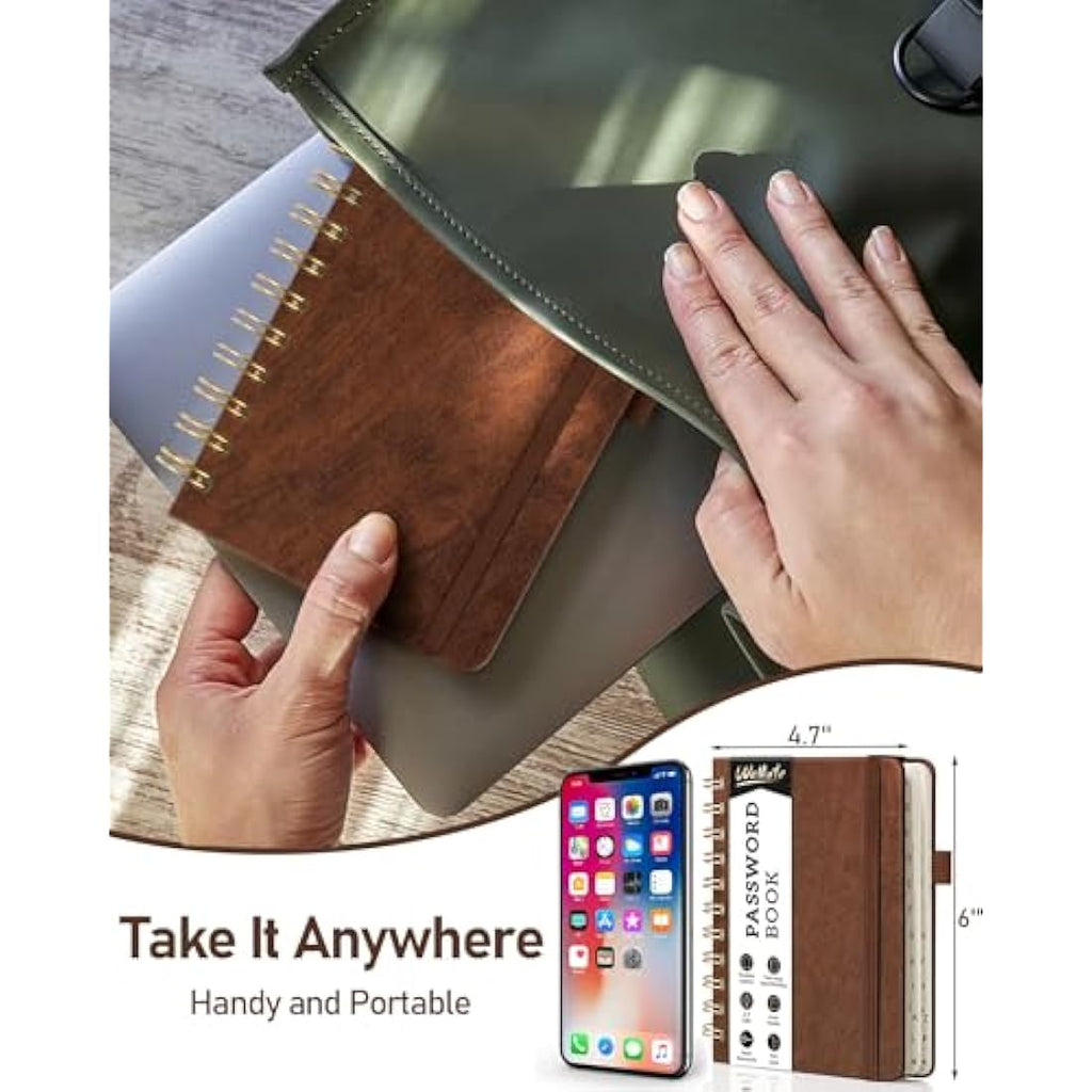 WEMATE Spiral Password Book with Alphabetical Tabs - Brown Hardcover