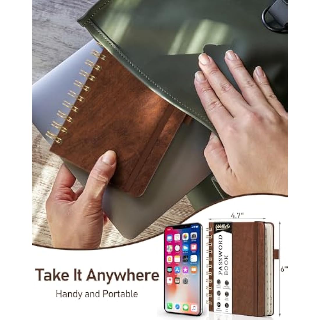WEMATE Spiral Password Book with Alphabetical Tabs - Brown Hardcover