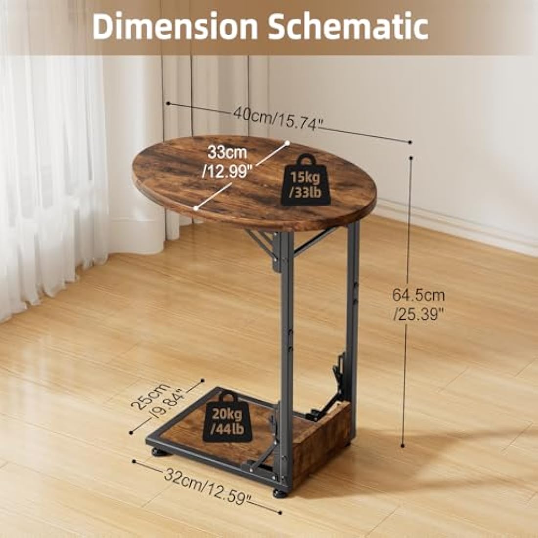 Mutool Foldable C Shaped Side Table | Rustic Round Sofa End Table