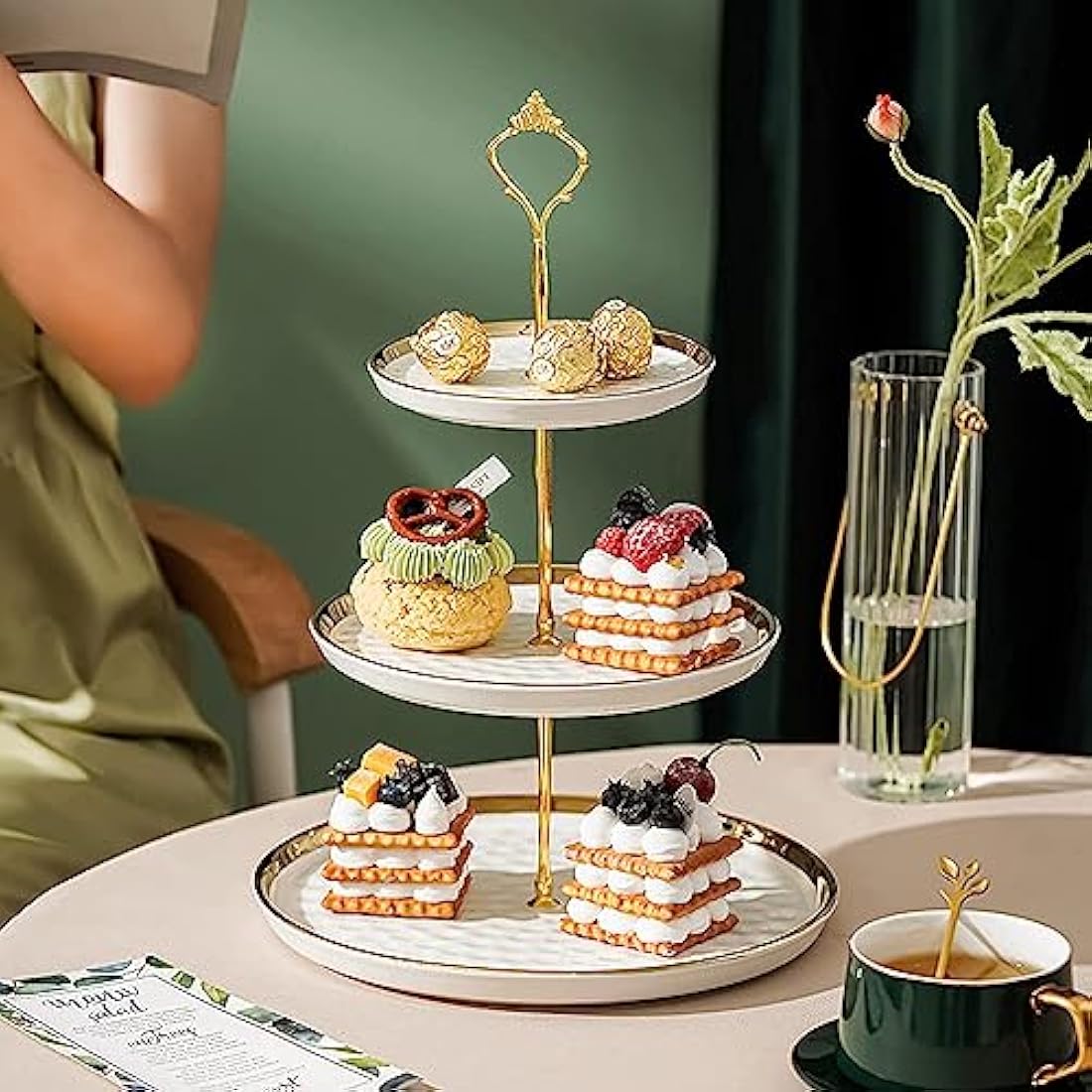 MEETOZ 2-Set White Porcelain Tiered Cupcake Stand with Gold Rods
