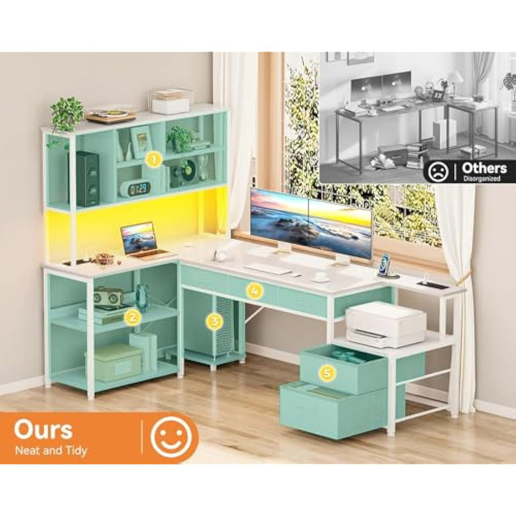 Coleshome L-Shaped Computer Desk with LED Lights & 5 Drawers, White