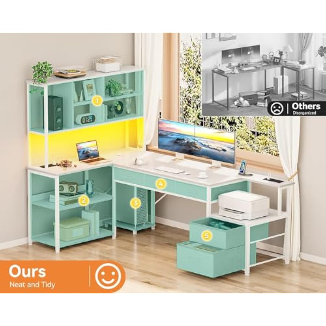 Coleshome L-Shaped Computer Desk with LED Lights & 5 Drawers, White
