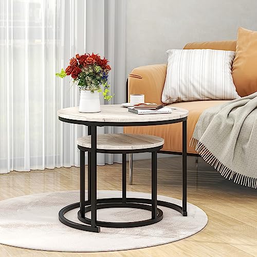 HOJINLINERO Round Nesting Coffee Table Set of 2 – Rustic Brown Wood