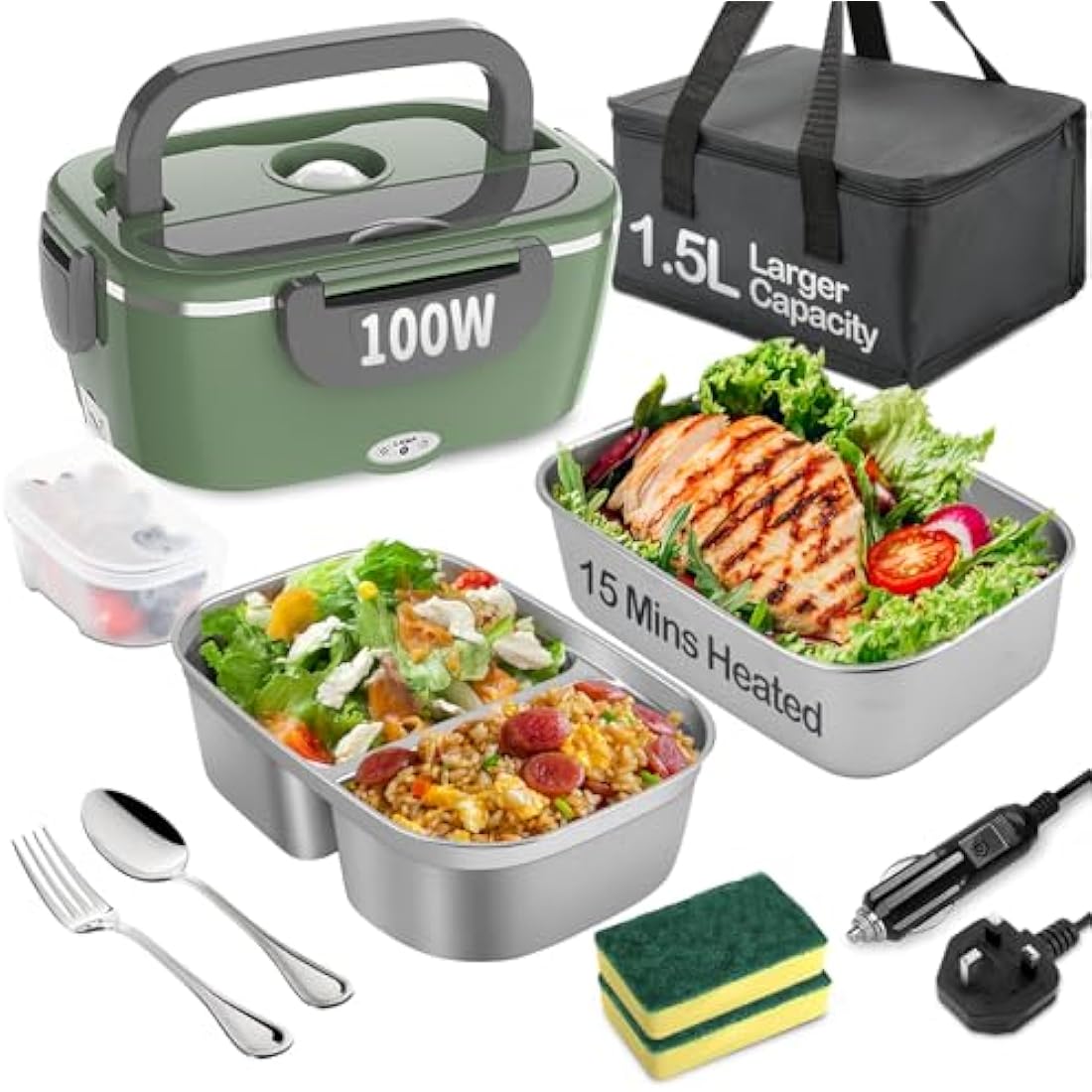 BYbrutek 100W Electric Lunch Box – 1.5L Stainless Steel Food Warmer