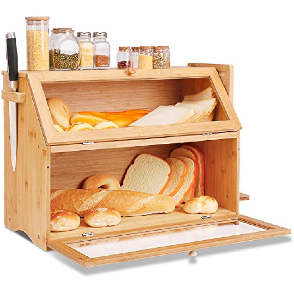 Large 2-Layer Bamboo Bread Box – Farmhouse Kitchen Bread Bin